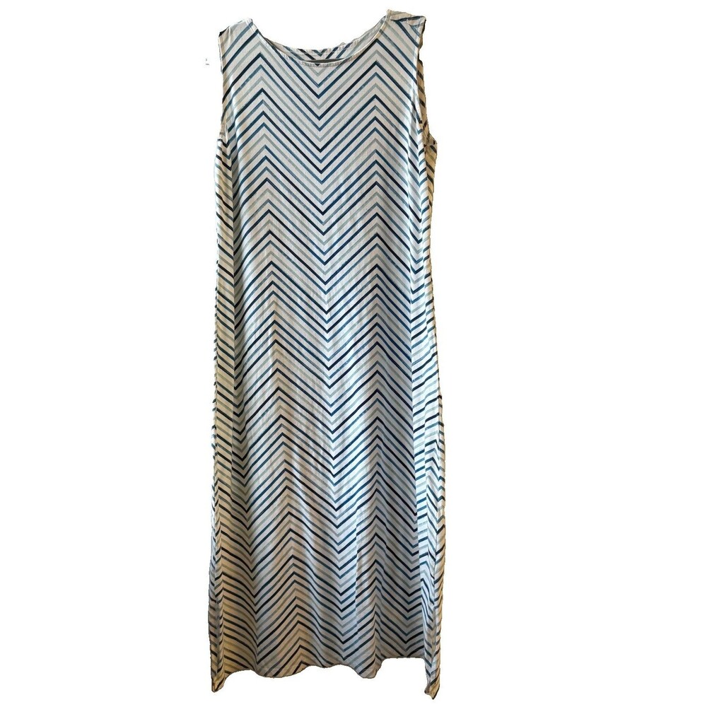 D & Co White/Blue Striped Crew Neck Sleeveless Shift Midi Dress Women’s MP